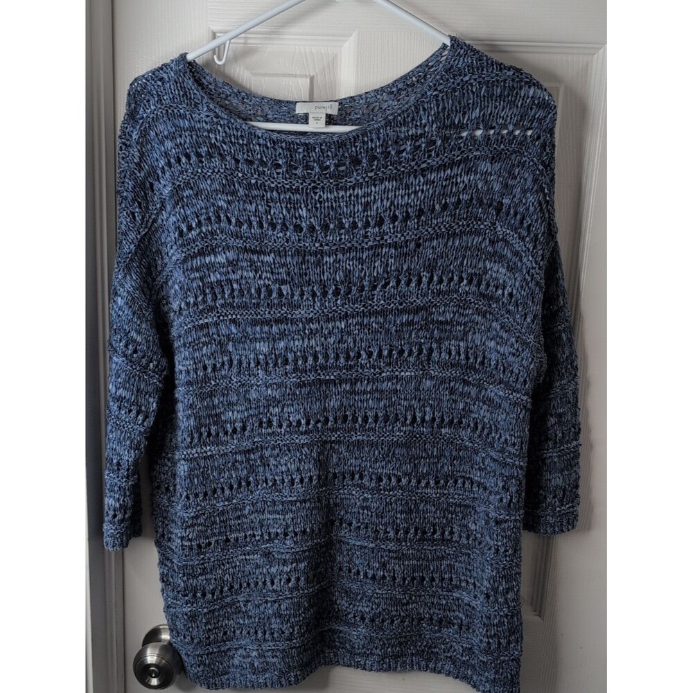 J. Jill Purejill Marled Heather Blue Scoop Neck Open-Knit Textured Sweater Sz S